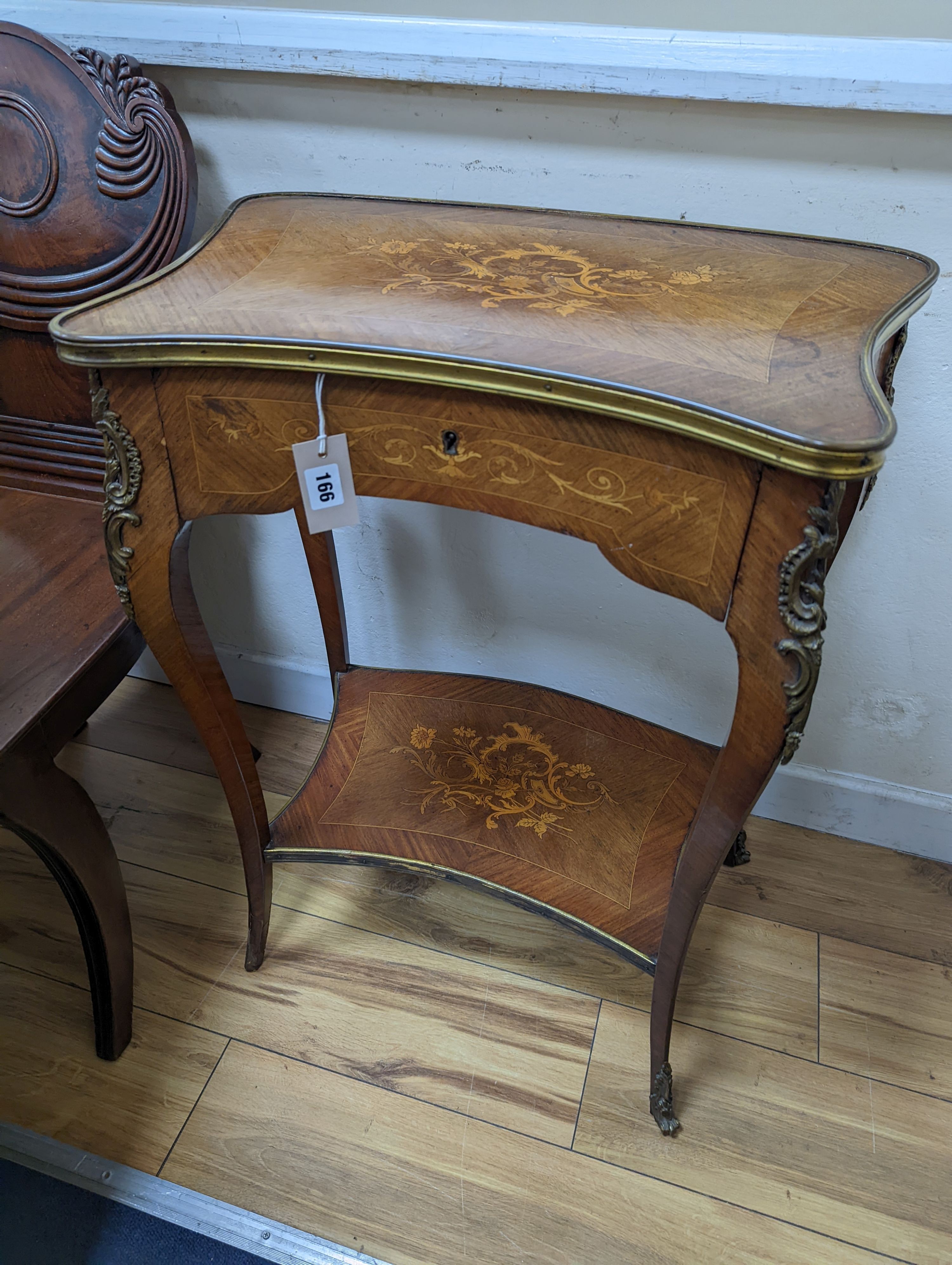 A Louis XV style Kingwood and marquetry inlaid gilt metal mounted two tier side table, width 58cm, depth 37cm, height 74cm